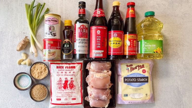 1-wok sesame chicken ingredients on countertop