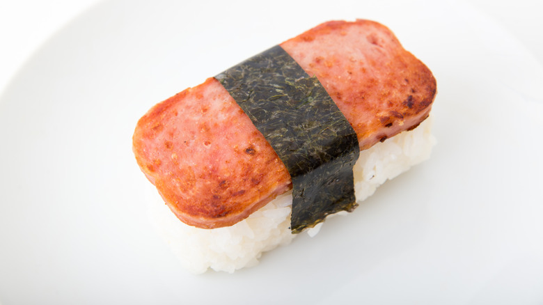 Spam musubi on white background
