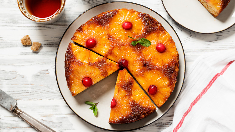 A sliced Pineapple Upside-Down cake