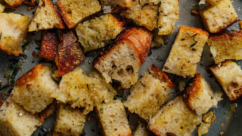 croutons on a baking sheet