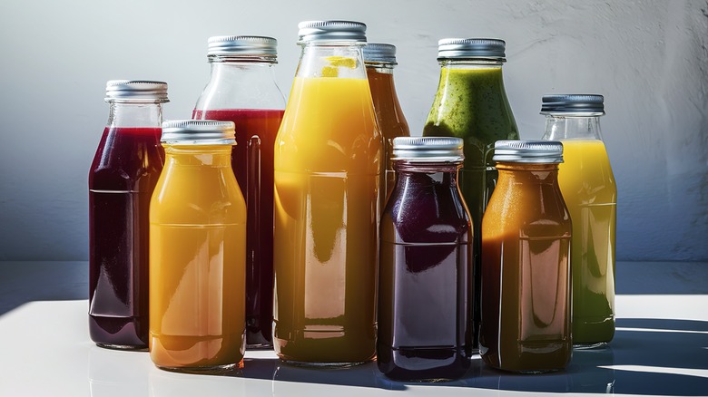 Glass bottles filled with various tropical juice blends