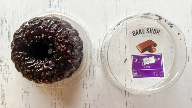 Triple chocolate creme cake on white background