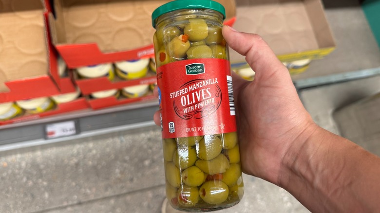 Stuffed olives in store