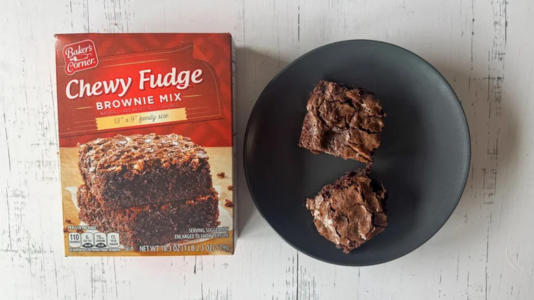 Baker's Corner fudge brownie mix with brownies on a plate