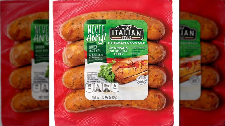 Aldi chicken sausage pack on white background