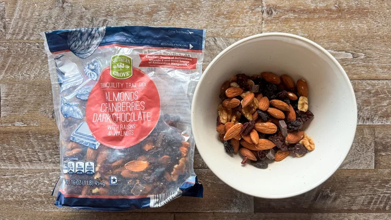 Aldi trail mix in a bag and a bowl