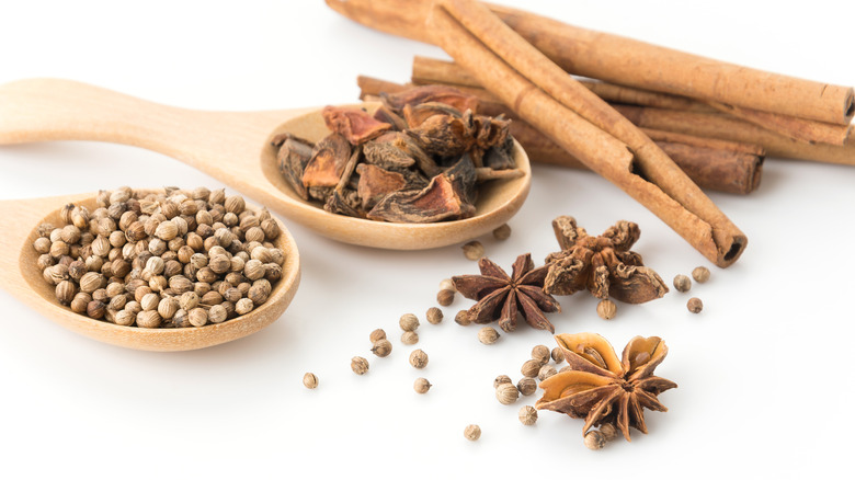 Chinese five spice ingredients on white background