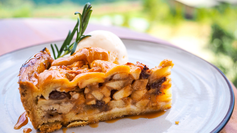Apple pie slice garnished with rosemary sprig