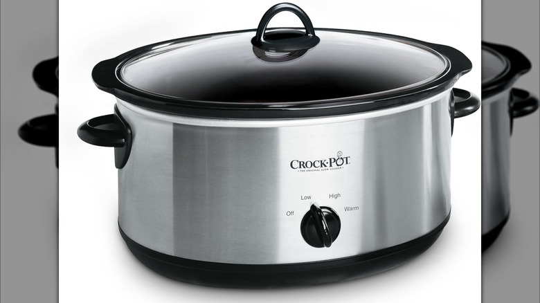 Stainless steel slow cooker with a temperature dial on front