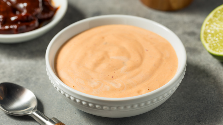 ramekin of spicy chipotle mayo close up