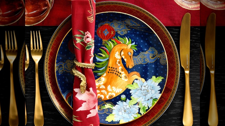 A plate with a vibrant design of a horse-looking mythical creature