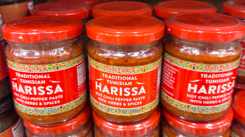Jars of harissa paste on grocery store shelf