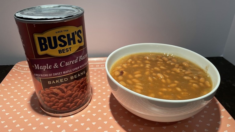 A can of Bush's Maple & Cured Bacon Baked Beans