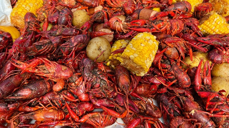 Crawfish boil with potatoes and corn