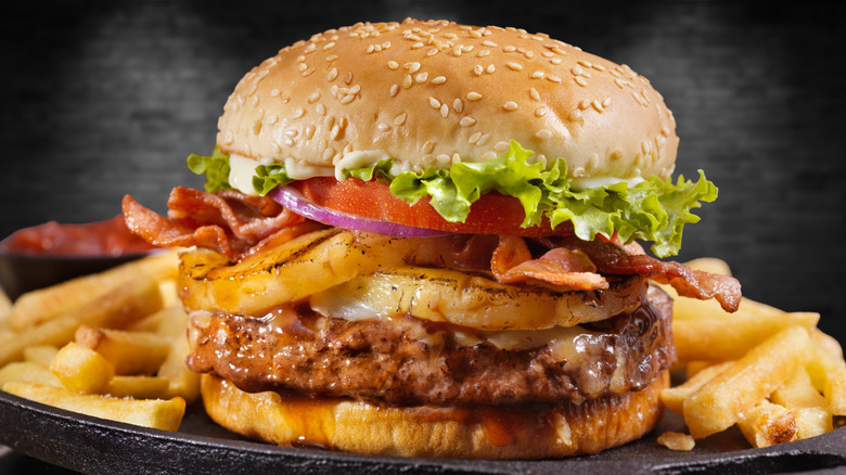 Pineapple bacon burger on a plate