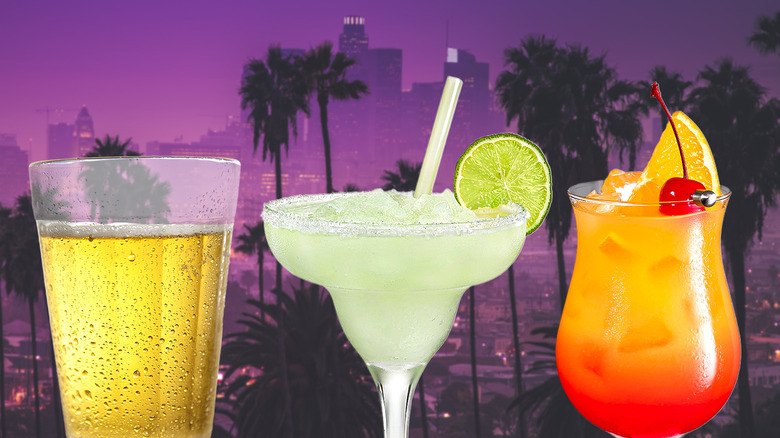 A beer, a margarita, and a mai tai cocktail on a purple background showing the city of Los Angeles