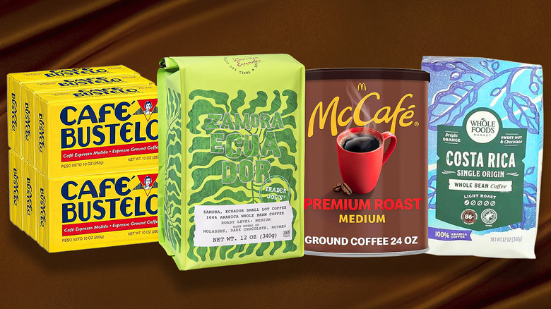 4 bags of coffee on brown background