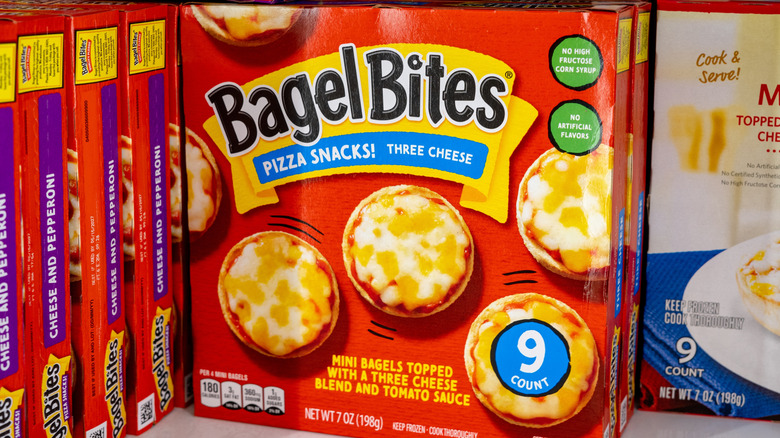 Boxes of Bagel Bites sit on a shelf