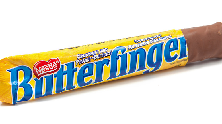 An unwrapped Butterfinger chocolate bar