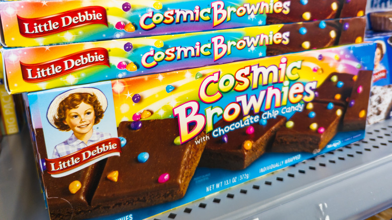 Boxes of Cosmic Brownies sit on a shelf