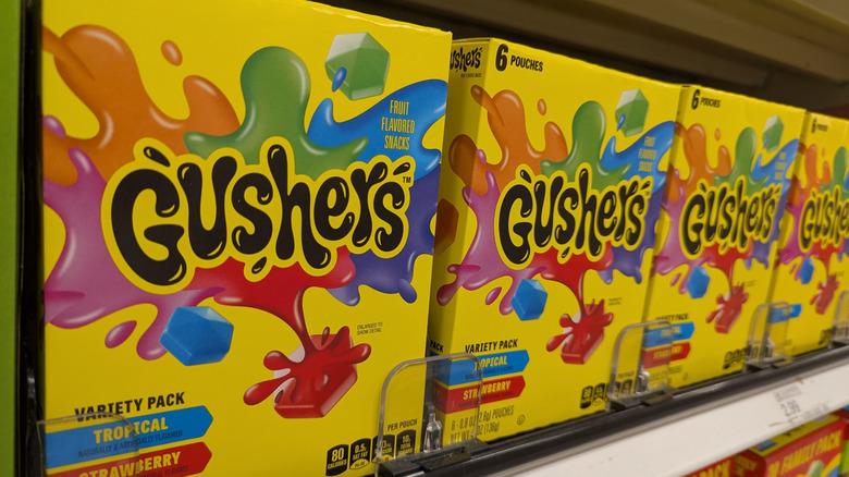 Boxes of Gushers sit on a shelf
