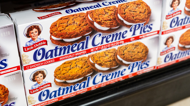 Boxes of Oatmeal Creme Pies sit on a shelf