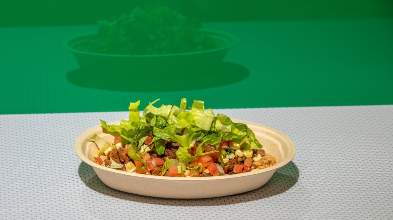 A burrito bowl with meat