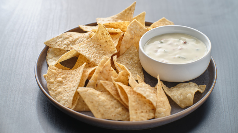 Chips and a little bowl of queso on a plate