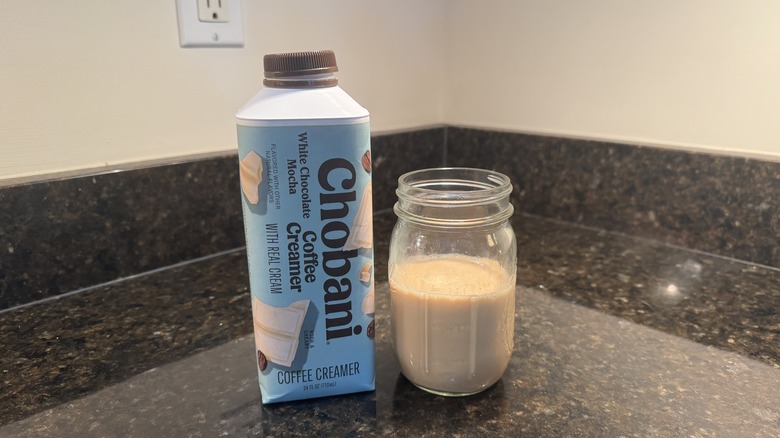 White chocolate mocha coffee creamer on kitchen counter