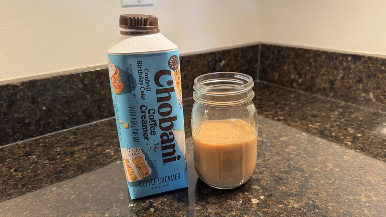 Birthday cake confetti creamer on kitchen counter