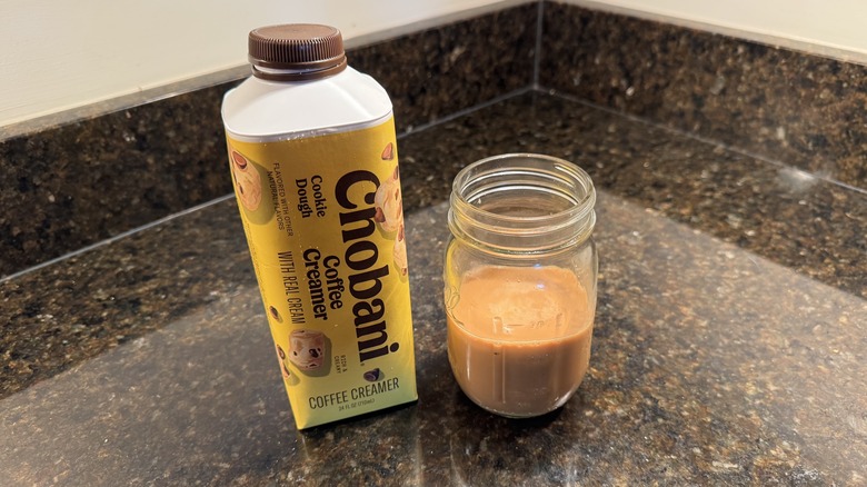 Chocolate chip cookie dough coffee creamer on kitchen counter