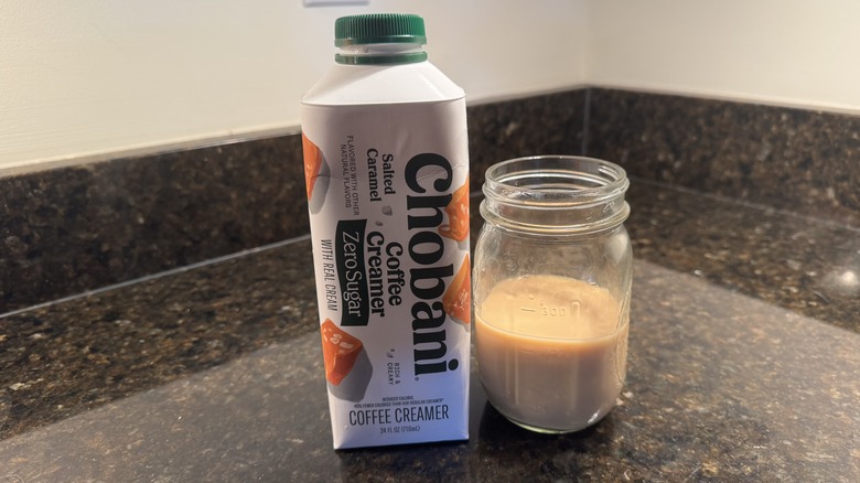 Zero-sugar salted caramel coffee creamer on countertop