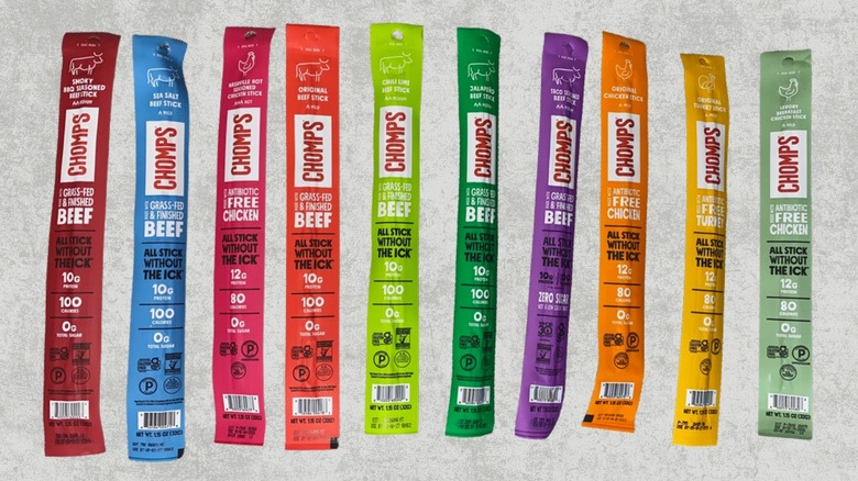 10 Chomps meat stick flavors arranged in a row
