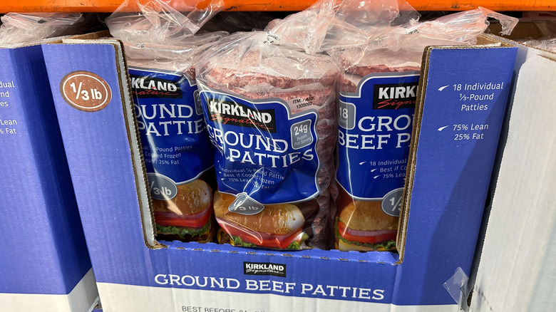 Packages of Kirkland Signature Ground Beef Patties at a Costco warehouse