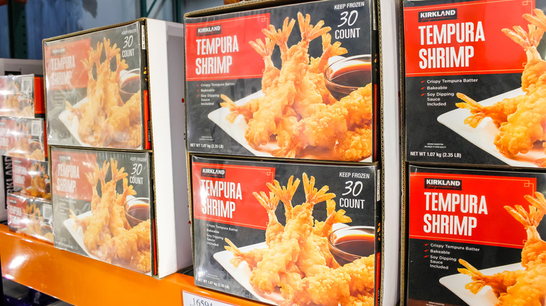 Boxes of Kirkland Signature Tempura Shrimp at a Costco warehouse
