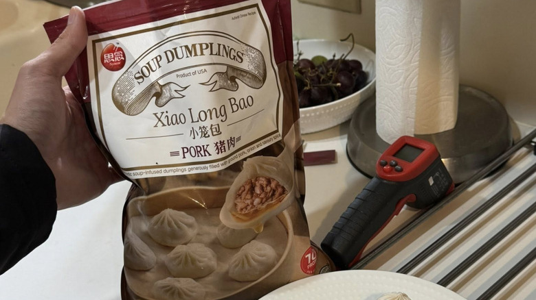 A bag of Synear Pork Xiao Long Bao on a kitchen counter