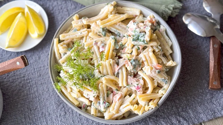 Grey bowl of Salmon Dill Pasta Salad