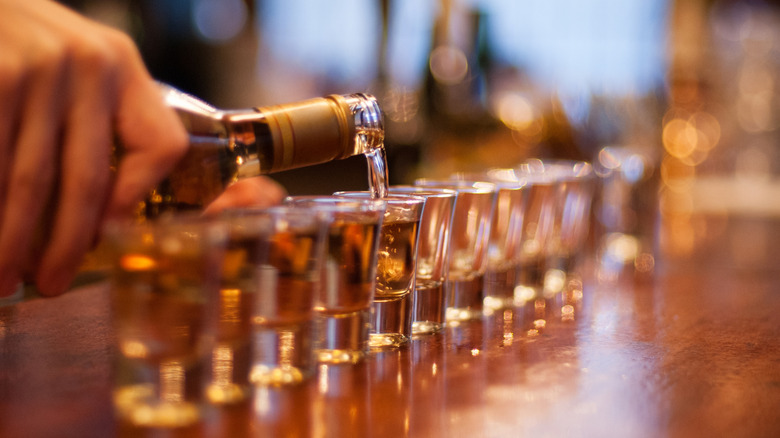 liquor being poured into row of clear shot glasses