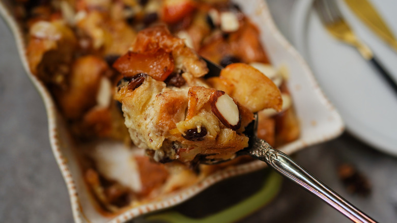 Tray of bread pudding with nuts
