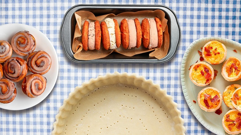 Pie crust on gingham cloth with uses for pie dough