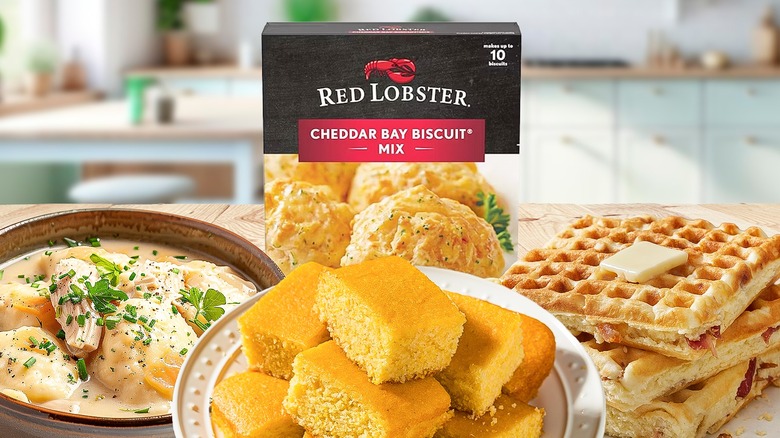Cheddar Bay Biscuit mix with chicken and dumplings, cornbread, and waffles