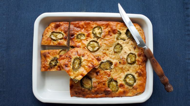 Jalapeño cornbread with a knife