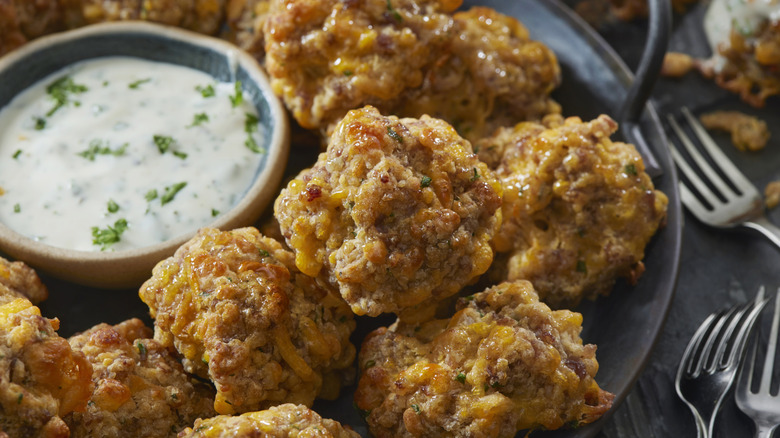Sausage bites with bowl of sauce