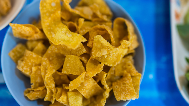 Fried wonton strips in a bowl