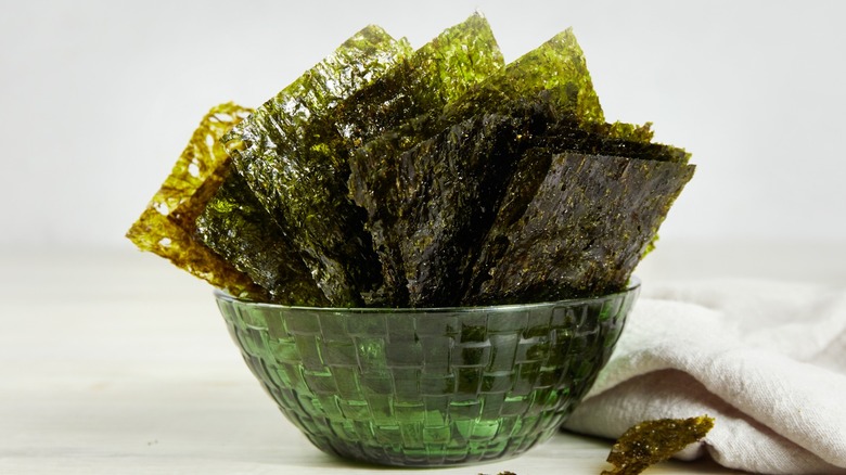 Crispy nori sheets in a bowl on a table
