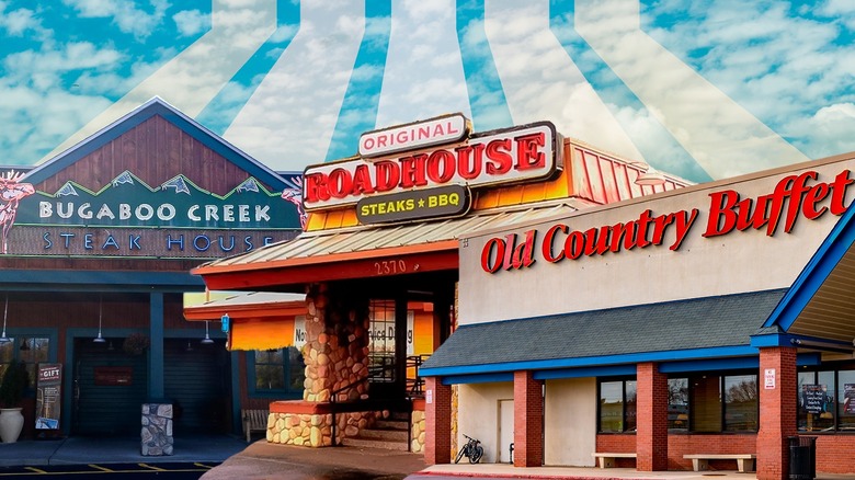 exterior of closed-down restaurants with sky background