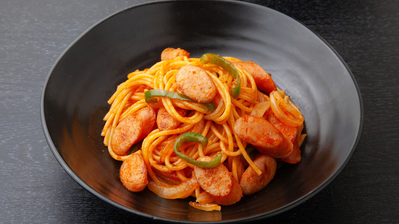 A Vienna sausage and tomato based pasta dish