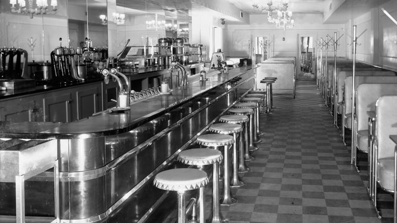 Interior of 1940s lunch counter at a department store.