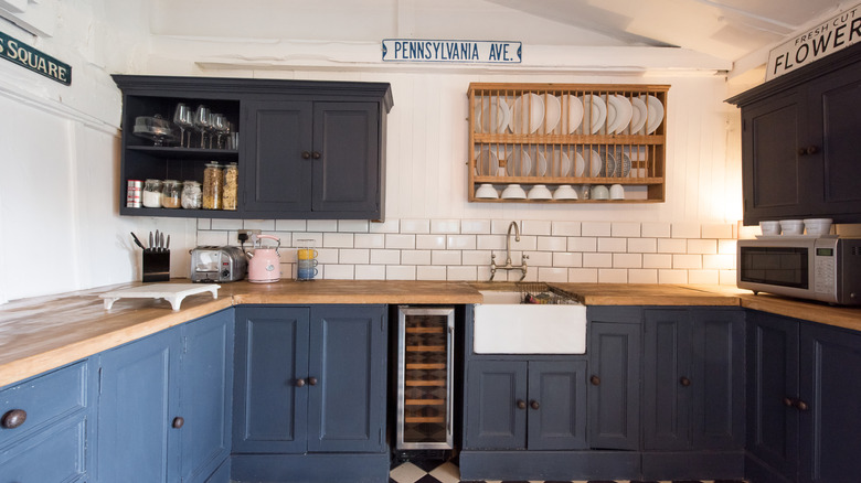 Blue painted cabinets in a kitchen