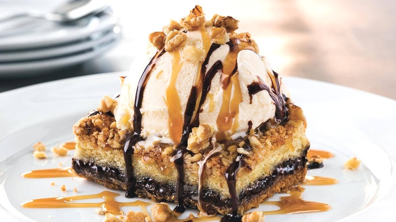 Decadent restaurant cookie bar with ice cream